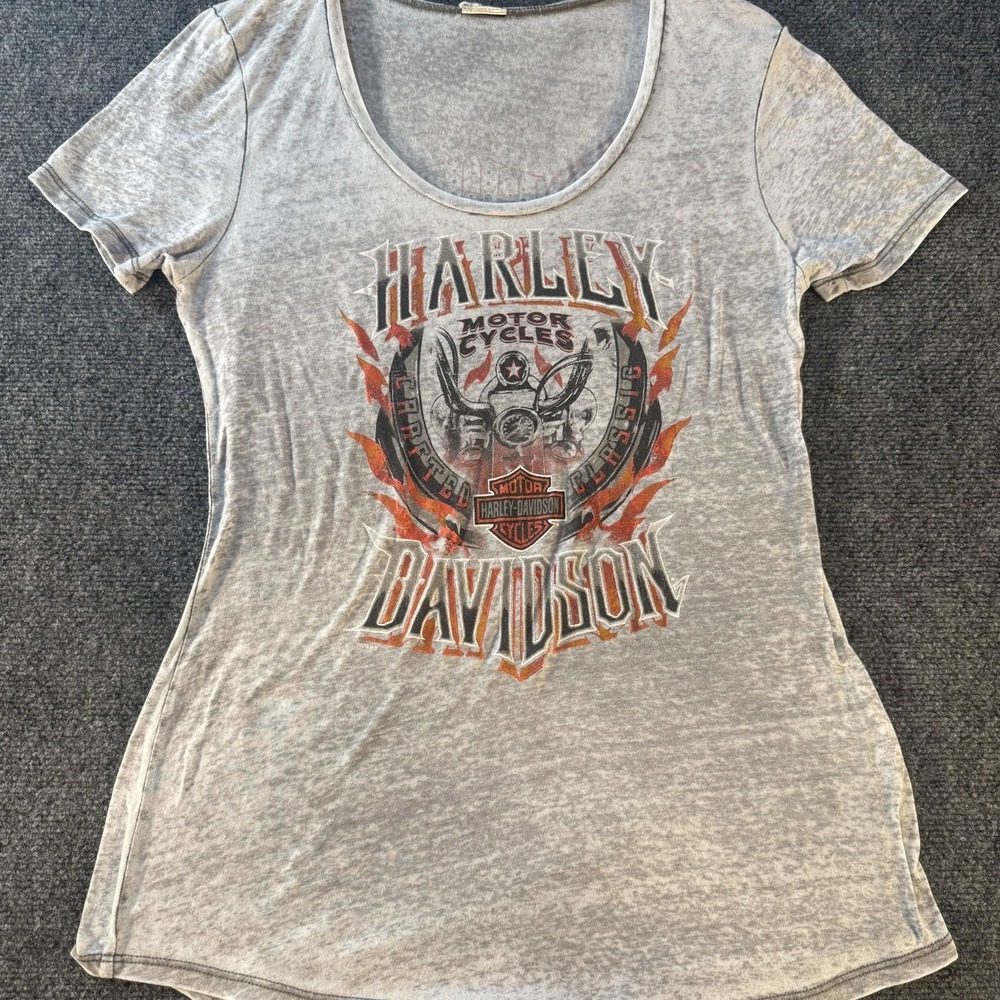 Harley‎ Davidson Burnout Graphic Tee Y2K Women's Gray Columbus OH Size Approx M